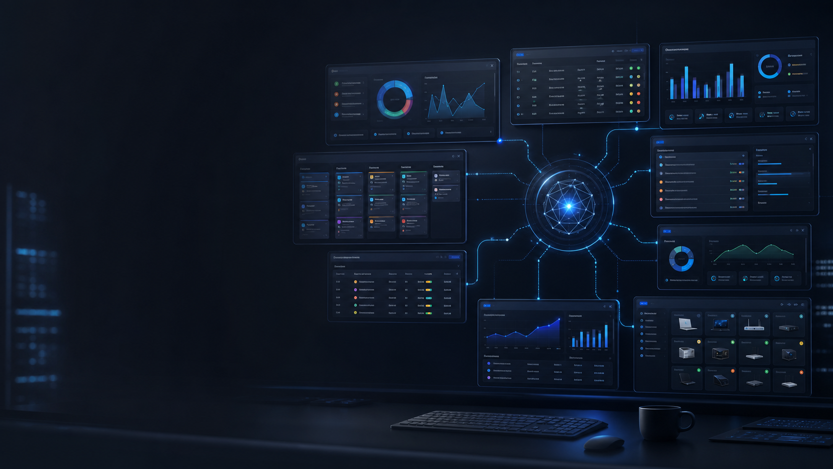 Connected MSP operations dashboard panels around a central command hub